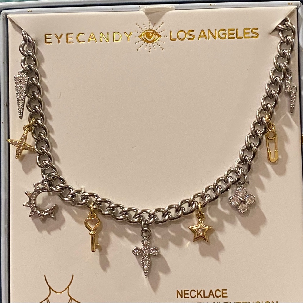 Eye Candy Los Angeles Silver Chain Necklace Hold Charms Star Cross Moon Lock NWT - Picture 5 of 6